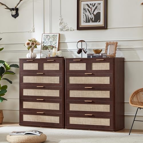 Image of LEYAOYAO Rattan Dresser for Bedroom Set of 2, 41 inch Tall Chest of Drawers, Modern 6 Drawers Boho Dressers with Storage, Vintage Brown Dresser Wooden Closet Organizer for Living Room, Hallway