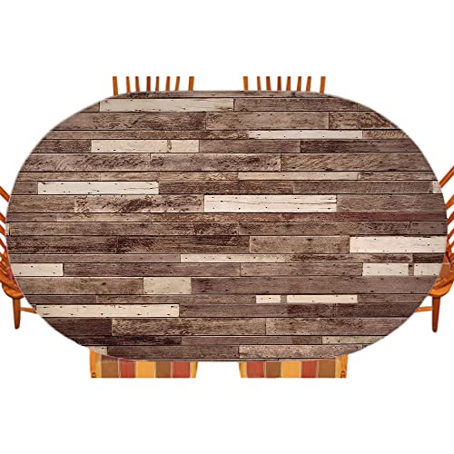 Wooden Oval Fitted Tablecloth, Wall Floor Textured Planks Panels Picture Art Print Grain Cottage Lodge Hardwood Pattern, For Kitchen Dining, Party, Holiday, Christmas, Buffet, Fits 42" X 60" Table #TOP18