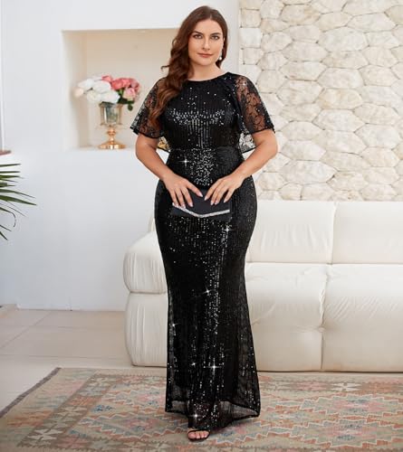 Cololura Women Sequin Plus Size Mesh Perspective Short Sleeve Party Cocktail Bodycon Evening Maxi Dress2