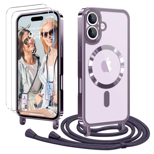 Ethanger Handyband für iPhone 17 Hülle mit Band + 2 Stück Glas Schutzfolie Transparent Silikon Handyhülle Magnetische Schutzhülle Case zum Umhängen Kordel für iPhone 17 Lila