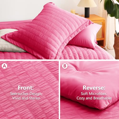 Image of CozyLux Queen Comforter Set Hot Pink, 7 Pieces Seersucker Textured Luxury Bed in a Bag Queen, All-Season Soft Bedding Sets with Down Alternative Comforter, Sheets, Pillowcases & Shams, Bedroom Bed Set
