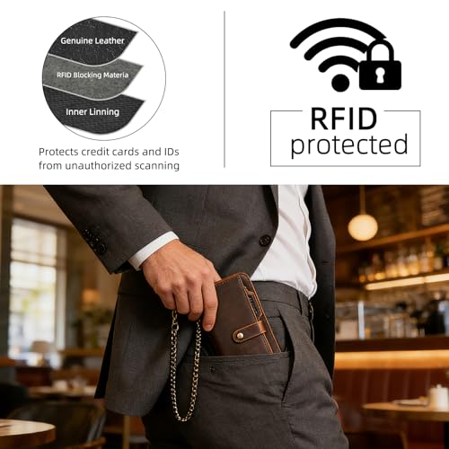 Image of Genuine Crazy Horse Leather Travel Gift Coin Pocket Card Case Long Organizer Chain Rfid Wallet Purse With Snap For Men Male 1803 1815 (W-1821-Brown)
