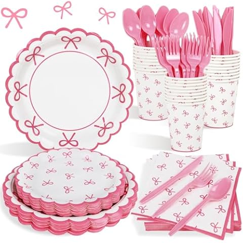 Lopeastar 175Pcs Coquette Birthday Decorations Plates Set, Pink Bow Birthday Decorations Girls Birthday Plates Napkins Cups and Cutlery for 25 Guests Cover