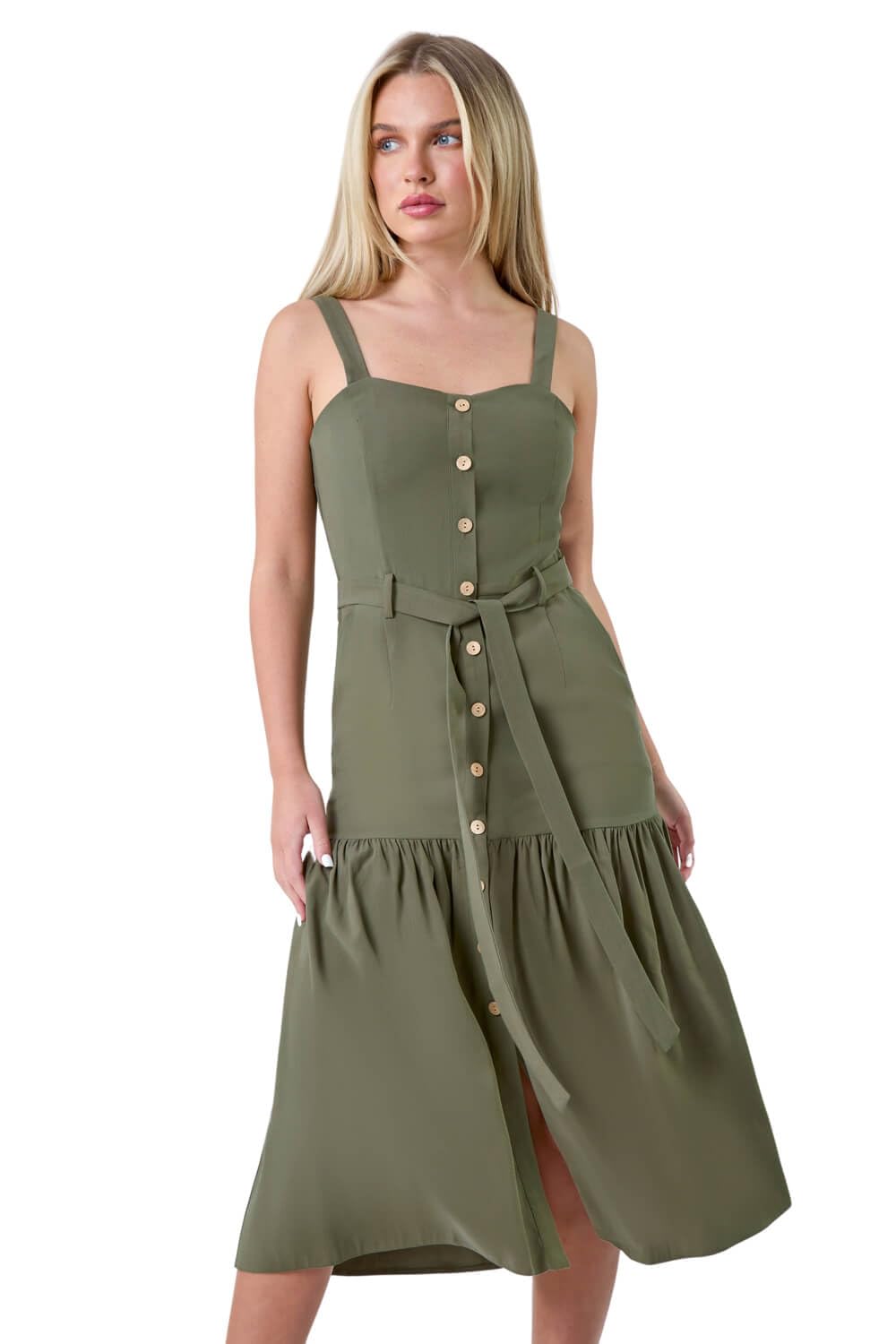 Roman Originals Women's Brown Roman Petite Button Front Tiered Midi Dress For Uk - Everyday Holiday Spring Summer Sweetheart Neckline Comfy Soft Evening Vacation Work Party - Petite Khaki - Size 14