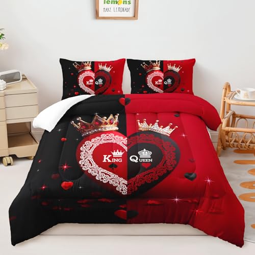 Image of AILONEN Romantic Crown Heart Comforter Full Size with 2 Pillowcases,King and Queen Bedding Set 3Pcs for Women Men,Red and Black Luxury Quilt Set for Home Decor
