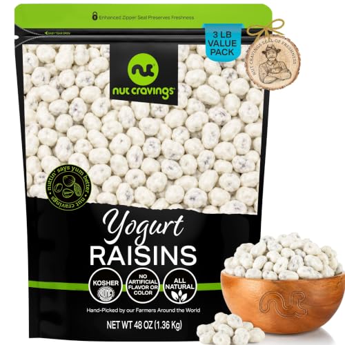 Image of NUT CRAVINGS - Yogurt Covered Raisins (48oz, 3 LB, Bulk) Sweet Healthy Snack, Vegan, Kosher, Resealable Bag