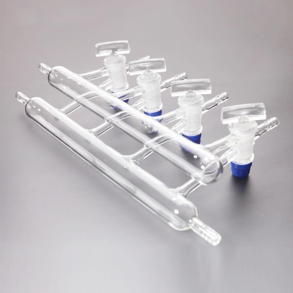 Distribuidor de gas al vacío de doble colector de vidrio de borosilicato de alto contenido, colector distribuidor de gas al vacío de doble, grifo sólido.