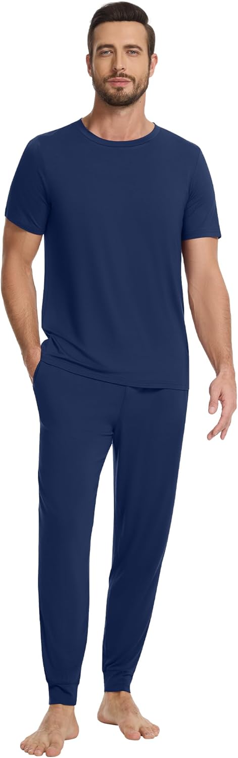 WiWi Men's Pajama Sets Viscose from Bamboo Sleepwear Short Sleeve Top and Pants Pjs Sets with Pockets Drawstring S-XXL