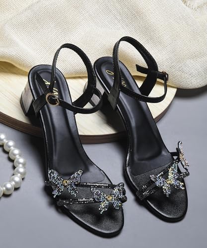 Image of JM LOOKS Butterfly Heels Heeled Sandals Rhinestone Crystal Butterflies Heels Open Round Toe low Block Heels 2 Inch Women's Ankle Strap Shoes