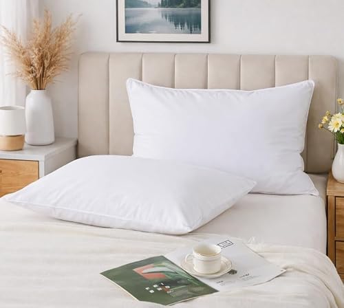 Faboer White Duck Feather & Down Pillows Twin Pack - Department Store Quality - Anti Dust Mite - Washable - Medium/Soft Firmness - 100% Cotton Downproof Cover - 48Cm X 74Cm