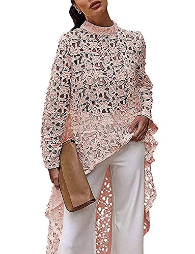 PRETTYGARDEN Women's Long Sleeve Round Neck High Low Asymmetrical Irregular Hem Casual Tops Blouse Shirt Dress(Pink,Large)