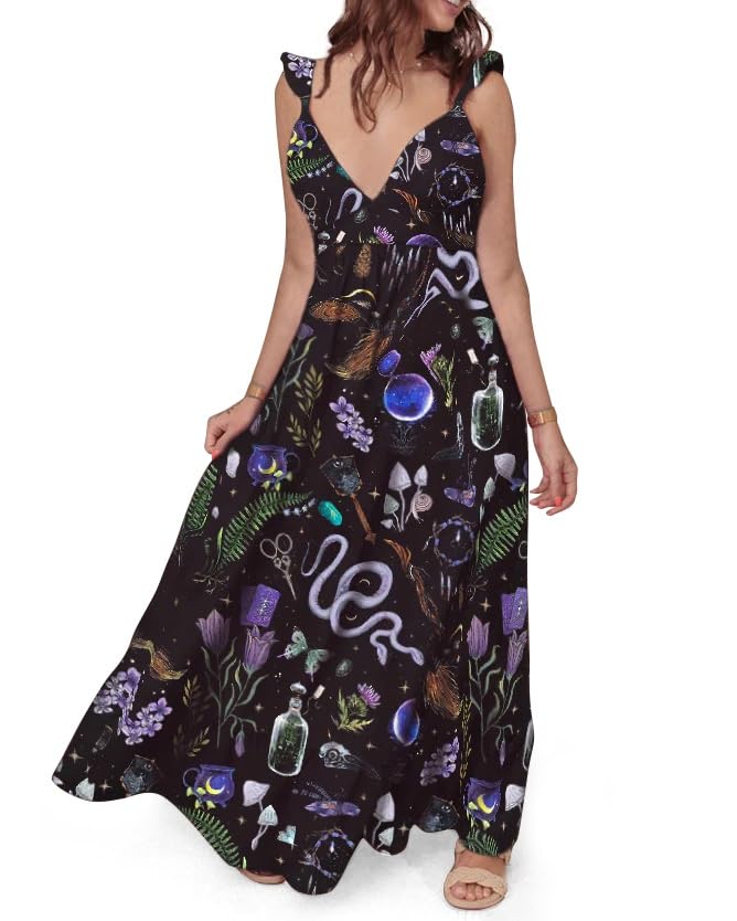 Image of Womens Summer Dresses Mystical Gothic Maxi Dress Women's Casual V Neck Sleeveless Sundresses Beach Outfits for Woman, Large Black
