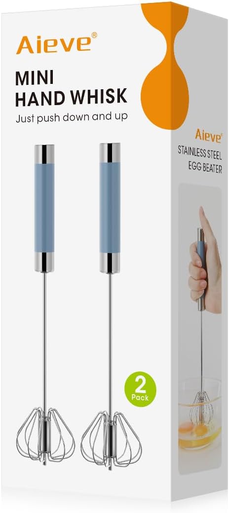 Aieve 2 Pack Mini Hand Whisk, Stainless Steel Hand Push Egg Beater, Semi Automatic Whisk for Whisking, Beating, Stirring