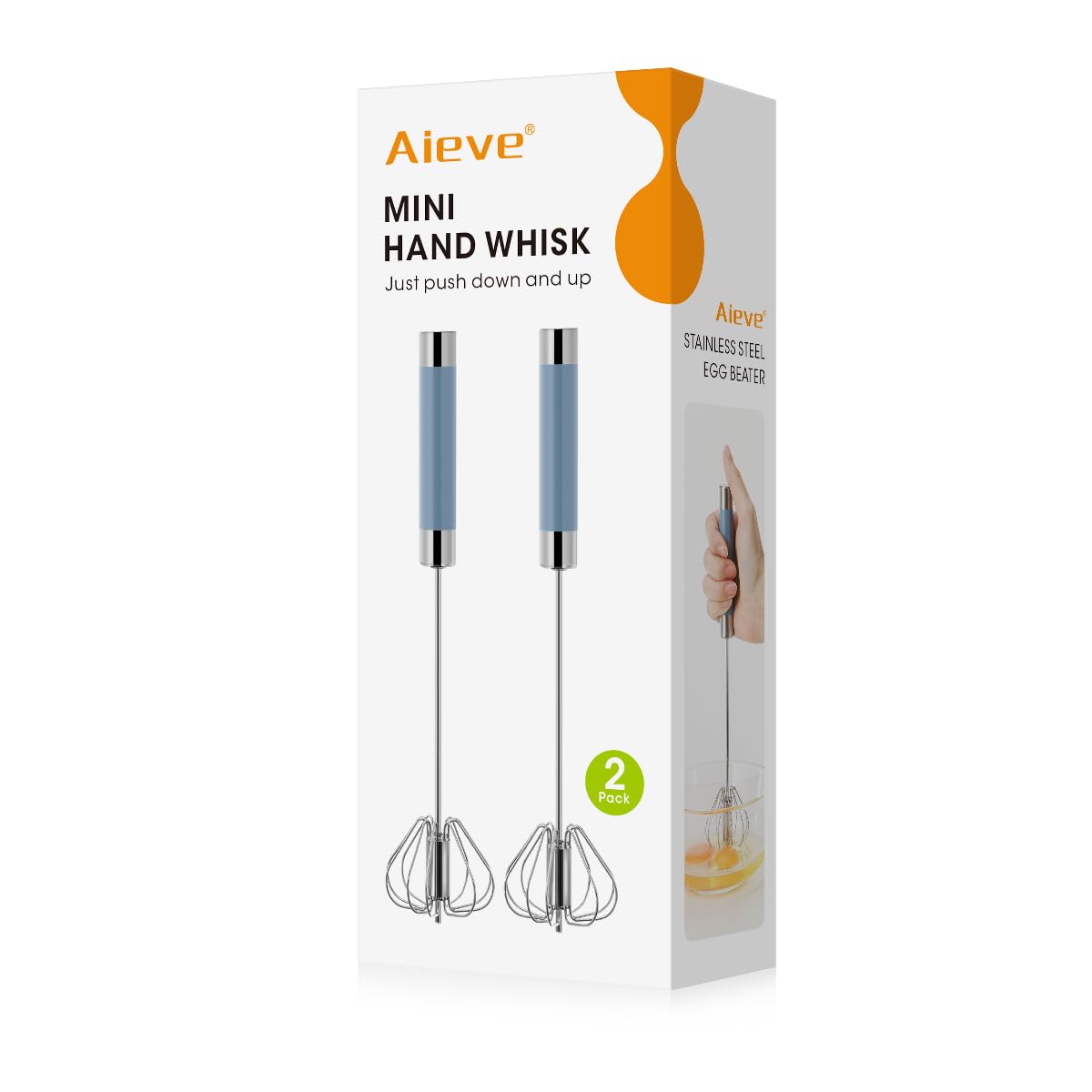 Aieve 2 Pack Mini Hand Whisk, Stainless Steel Hand Push Egg Beater, Semi Automatic Whisk for Whisking, Beating, Stirring