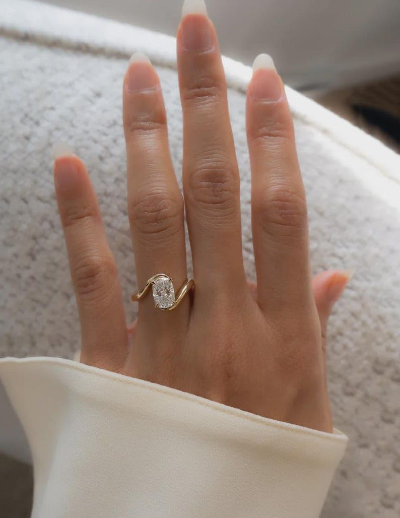 2 Ct Elongated Cushion Cut Diamond Elegant Bypass Shank Solitaire Promise Rings For Women 14K Yellow Gold Plated Curved Engagement Ring 925 Sterling Silver Handmade Anniversary Gift For Her