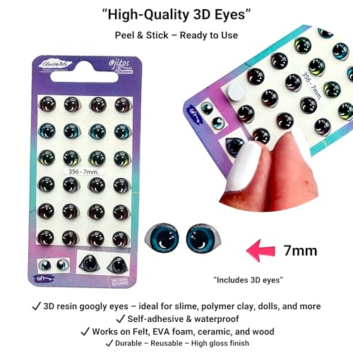 Image of 3D Resin Doll Eyes - 7mm Self-Adhesive Craft Eyes (24 pcs / 12 Pairs) - Realistic Cabochon Eyes for Amigurumi, Dolls, Polymer Clay, Cold Porcelain, Felt & DIY Crafts (Assorted Iris Colors)