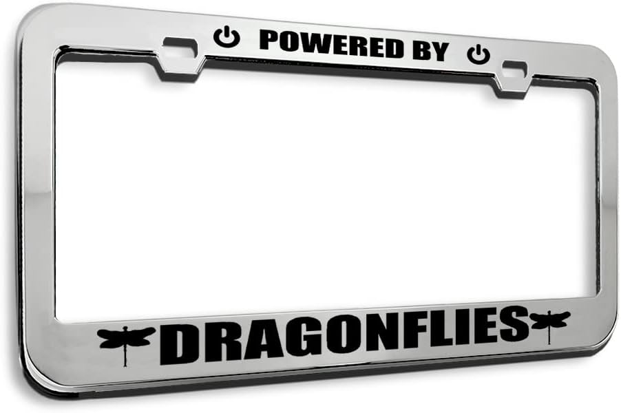 Metal License Plate Frame Powered by Dragonflies Chrome Tag Border Car Accessories Stainless Steel 2 Holes 1 Frame
