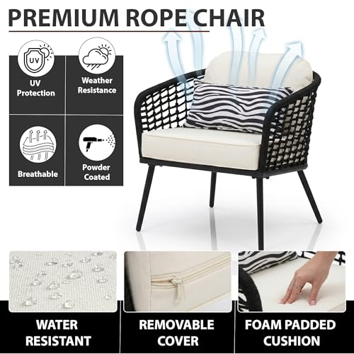 Image of BRISHI Garden Patio Seating Chair and Table Set Outdoor Balcony Garden Coffee Table Set Furniture with 1 Table and 2 Chairs Set with Cushion Braid & Rope (Black /White)