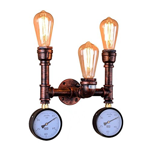 HJZY Europea Vintage Industrial Metal Tubo de Pared Aplique Tres Cabeza Vintage Industrial luminaria de Pared con Retro manómetro Estilo lámpara de Pared