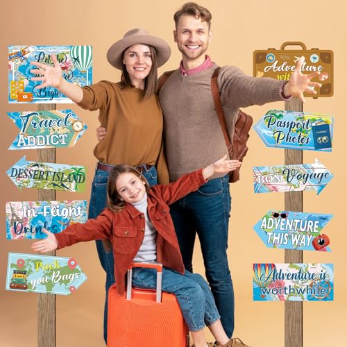 Image of 20 Pieces Travel Party Signs Travel Themed Party Decorations Let The Adventure Begin Sign Around the World Decorations Bon Voyage Party Wall Door Porch Yard Sign Travel Party Supplies
