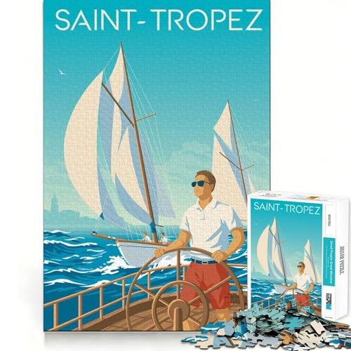 Puzzle de 1000 pièces Saint-Tropez Voile Affiche de Voyage Impression d'art Découpe précise Jeu Intelligent et Relaxant Décoration de Noël (50x75cm)