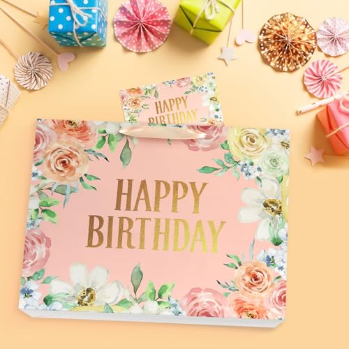 Image of JMANNI Large Happy Birthday Gift Bag with Tissue Papers and Greeting Card,Portable Paper Gift Bags with Handles,Pink Floral Present Bags for Women Birthday Party Mother's Day 13 inch x 10.2 inch x 4.7 inch