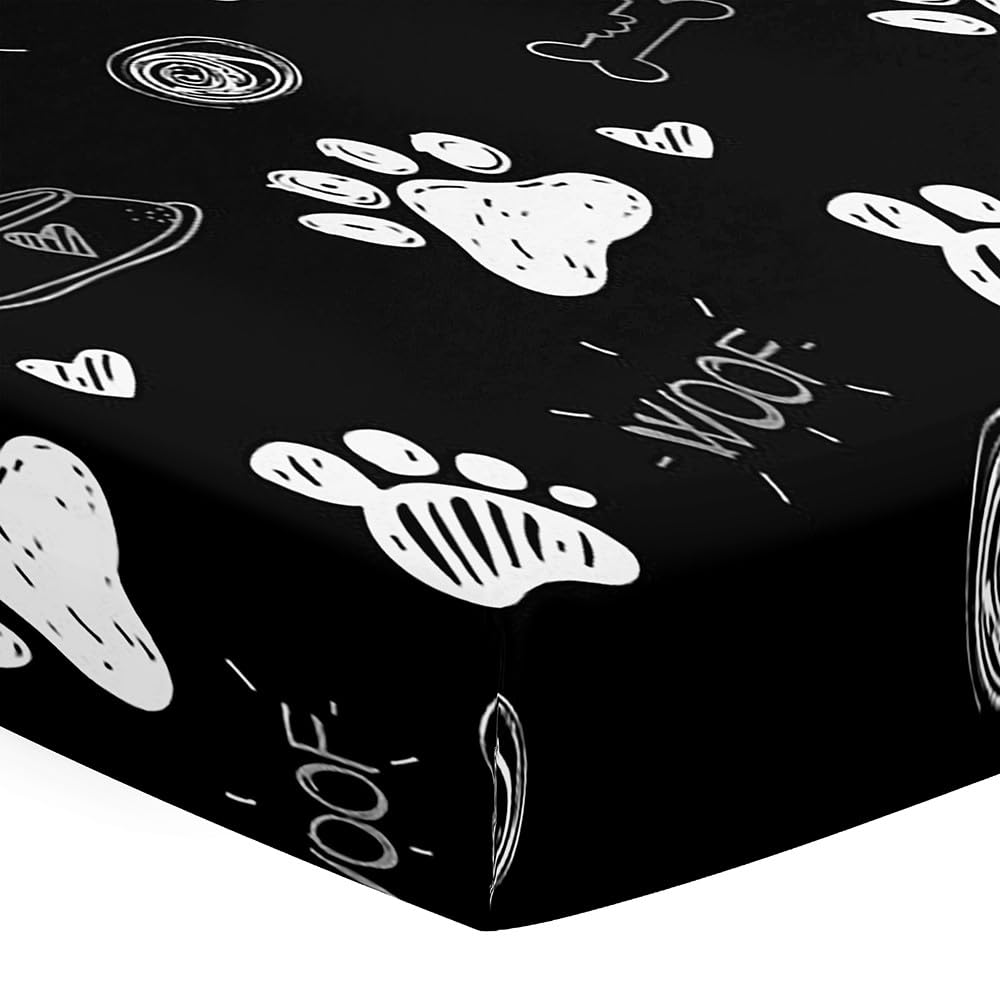 Odot Cot Bed Fitted Sheets Travel Cot Sheets, Cute Dog Paw Print Microfiber Mattress Protector Cozy Breathable Toddler Baby Kids Bedding for Cradle, Cribs, Bassinet (Black,60x120cm)