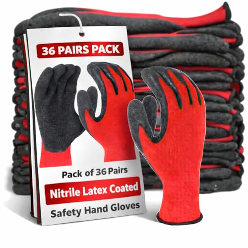Image of Safety Gloves - Nylon Nitrile Coated Industrial & Home Cut Resistant Hand Gloves. (Black Red (Latex Coated), Pack of 36 Pairs)
