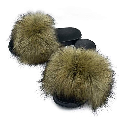 Image of Women's Faux Fur Slides Slippers Fluffy Fuzzy Sandals Open Toe Furry Slide Flip Flop Indoor Outdoor