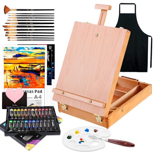 ZUSUZU Cavalletto da Tavolo,Cavalletto Pittura,Set di pittura acrilica da 44 pezzi,24 colori acrilici,12 pennelli,Spatola, Grembiuli,Tavolozza Colori e Tela A4,per Professionisti e Hobbisti