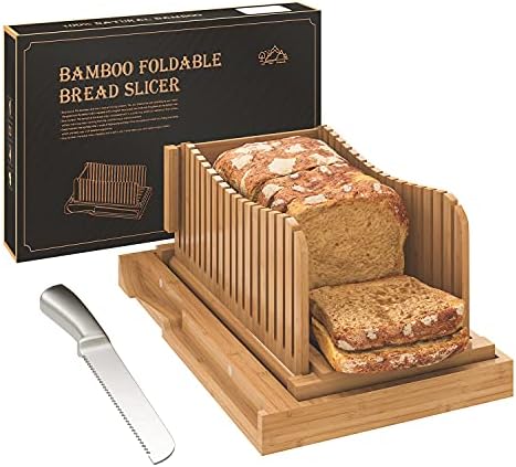 Bamboo Bread Slicer with Serrated Bread Knife, Adjustable Bread Slicer Guide with 3 Thickness Size, Foldable Compact Chopping Cutting Board with Crumb Tray, Great for Homemade Bread, Cakes, Bagels