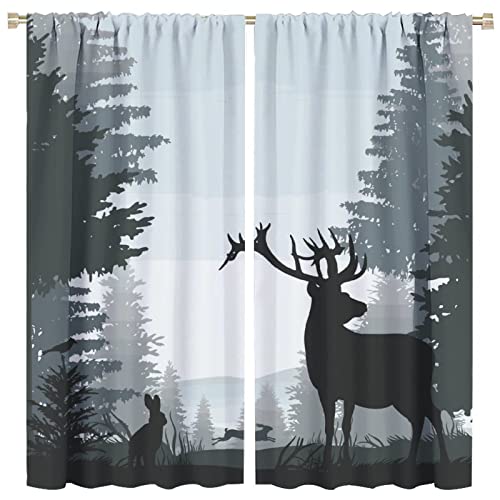 Image of Deer Blackout Curtain,Misty Forest Rustic Wildlife Moose Mountain Elk Rabbit Pine Forest Silhouette Window Curtains Bedroom Living Room Insulated Window Drapes,2 Panels W52 xL84