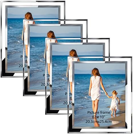 Hoikwo Gift Frames, 4 Pack 8x10 Silver Glass Picture Frames, Clear Mirror Wedding Photo Frames, Only for Tabletop Display, Vertically or Horizontally