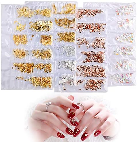 (2000+PCS 4 Packs) Metal Nail Art Studs，AKWOX Shell Star Fish Conch Multiple Shapes 3D Nail Rivets Stud with Nail Art Rhinestones for Craft DIY Nails Decoration Makeup (Rose Gold, Gold & Silver)