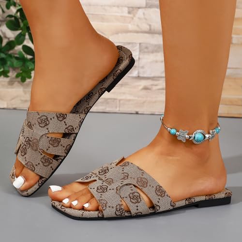 Image of Women's Dressy Casual Flat Sandals, Elegant Comfortable Slip-On Slides with Textured Upper, Versatile Dressy Style for Everyday Wear