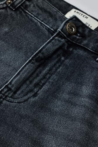 Image of SNITCH Men Casual Jeans | Relaxed Fit Straight Leg Washed Pattern & Drawstring Closure | 100% Cotton Denim Fabric for All Day Comfort & Everyday Wear