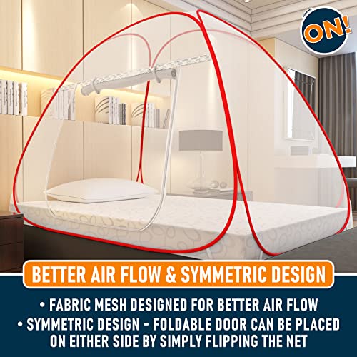 Image of KOLAR Supreme On Mosquito Net for Single Bed, 6.5 Feet X 4 Feet Premium Machardani with 30 Pair of Stars, Strong and Durable, 30 GSM, Tent Type, Foldable, Corrosion Resistant (Single Bed, Red)