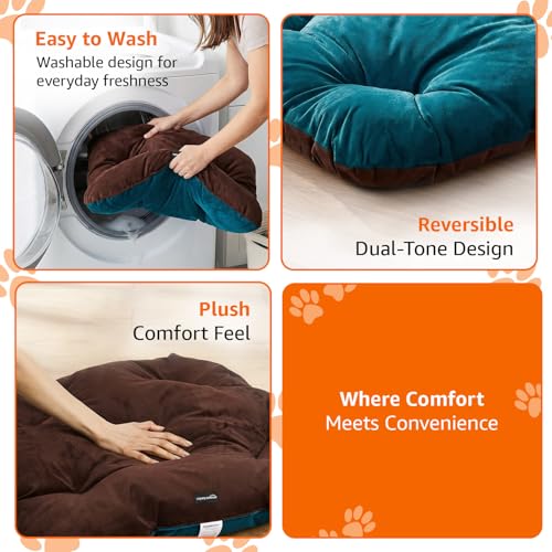 Image of Amazon Basics Pet Bed | Small | Reversible Premium Velvet Pet Bed for Cats & Small Dogs (Pug, Shih Tzu, Dachshund) | Soft & Durable | Coffee & Light Blue | 63 x 63 x 7 cm