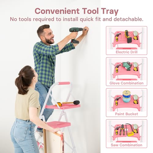 Image of BONTEC 4-Step Ladder, Folding Step Stool with Tool Platform, Wide Anti-Slip Pedals, Max Load Capacity 400lbs Sturdy Steel Ladder, Lightweight Portable Ladder, Tall Step Ladder for House Use, Pink