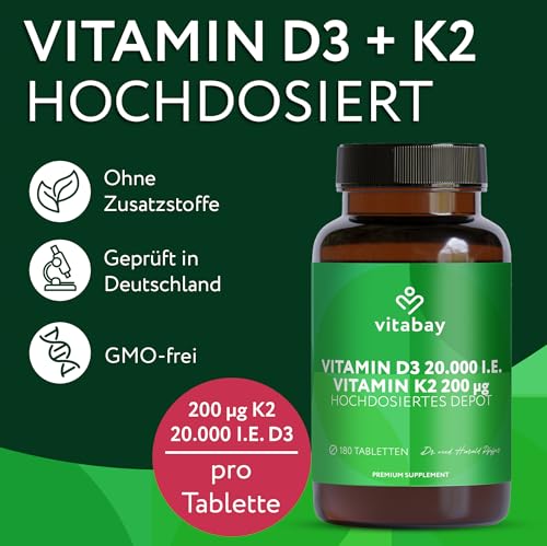 Vitabay Vitamin D3 + K2 Depot – 180 vegane Tabletten – hochdosiert – 20.000 IE Premium Vitamin D3 mit K2-MK7 All-Trans – ohne Zusätze – vegan & laborgeprüft in Deutschland – Vorrat für lange Zeit