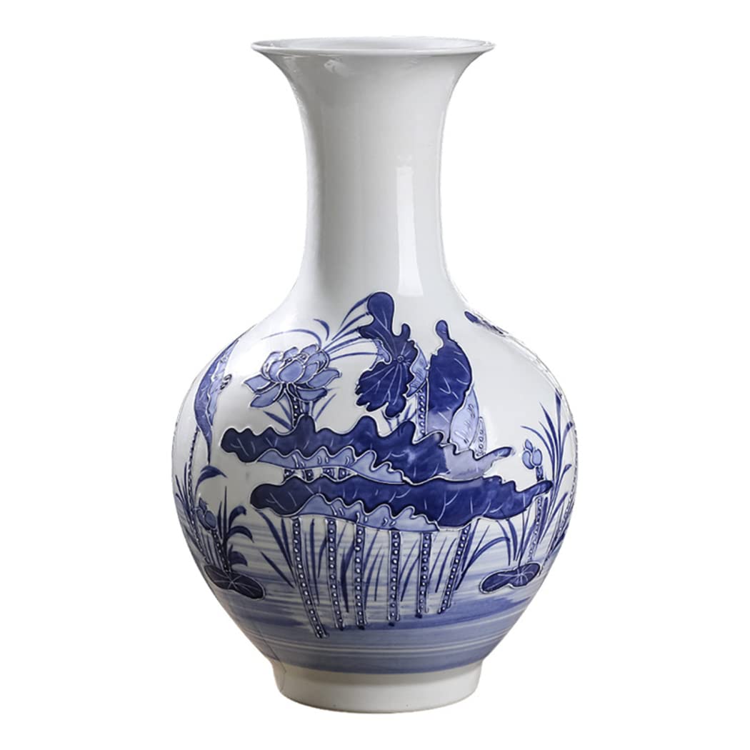 SDFSDF Jingdezhen Blue And White Porcelain Flower Vase, Decorative Vase, Hand-Painted Relief Lotus Vase, Classic Ceramic Flower Vases for Home Decor, Height 51Cm