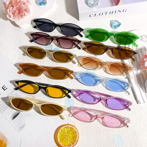 12/24 Pack Retro Oval Cat Eye Sunglasses for Women Bulk Y2k Designer Trendy Narrow Shades 90s Small Sun Glasses Set4