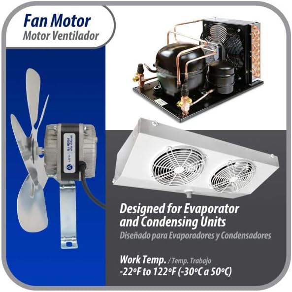 Appli Parts APFM-181E 18W Refrigeration Condenser and Evaporator Motor 115V 60Hz 1.10A 1450rpm Includes Base and 10in Aluminum Fan Blade CCW Shaft end Universal fit