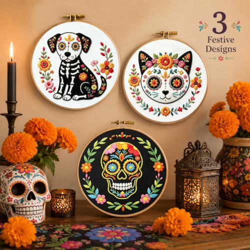 Image of Nuberlic 3 Pack Embroidery Kit for Beginners, Day of the Dead Needlepoint | Beginner Friendly Day Of The Dead Embroidery Kit Handmade Gift Pre Printed Patterns Complete Cross Stitch Starter Kit DIY