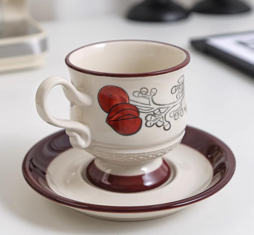 Set di tazze e piattini da caffè e tè in ceramica set di tazze da caffè e piattini in ceramica di melograno rosso piatto per tazza da latte e succo regalo di compleanno per ufficio e casa