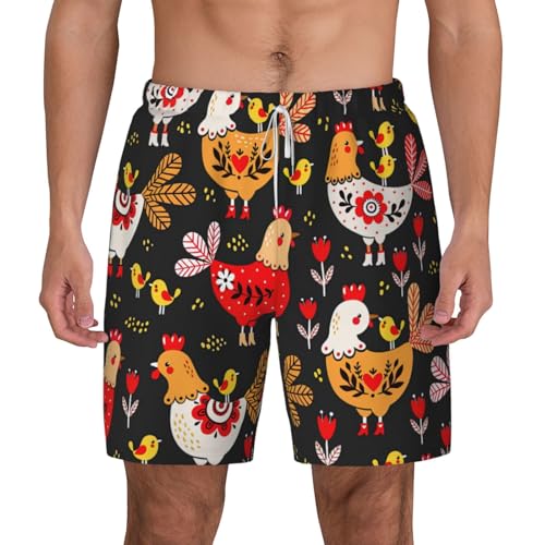Cute Rooster Chickens Breathable Fit Trends Men's Swim Trunks Board Short with Waist Elastic Band Swimming Trunks