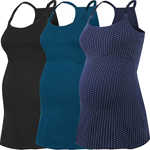 Suiek Women's Nursing Tank Tops Maternity Cami With Shelf Bra Cotton Breastfeeding Clothes (Large, A-Black+Navy Dot+Atrovirens - Fourth Style) #TOP2