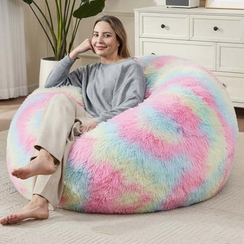 Soft Colorful Bean Bag Chairs Cover for Adults Teens Kids, Comfy Plush Fabric Gaming Bean Bag Chairs with Anti-Slip Bottom Handle Side Pocket, Stuffed Animal Storage Tube