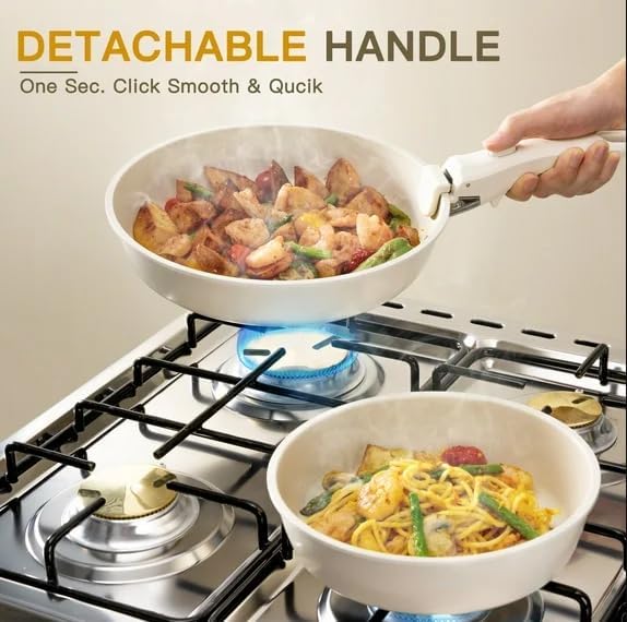 20 Piece Ceramic Pots and Pans Set Non Stick, Cookware Set with Detachable Handle, Oven Safe, Induction Ready, Stackable RV Kitchen Cooking Set Removable Handles, Cream White