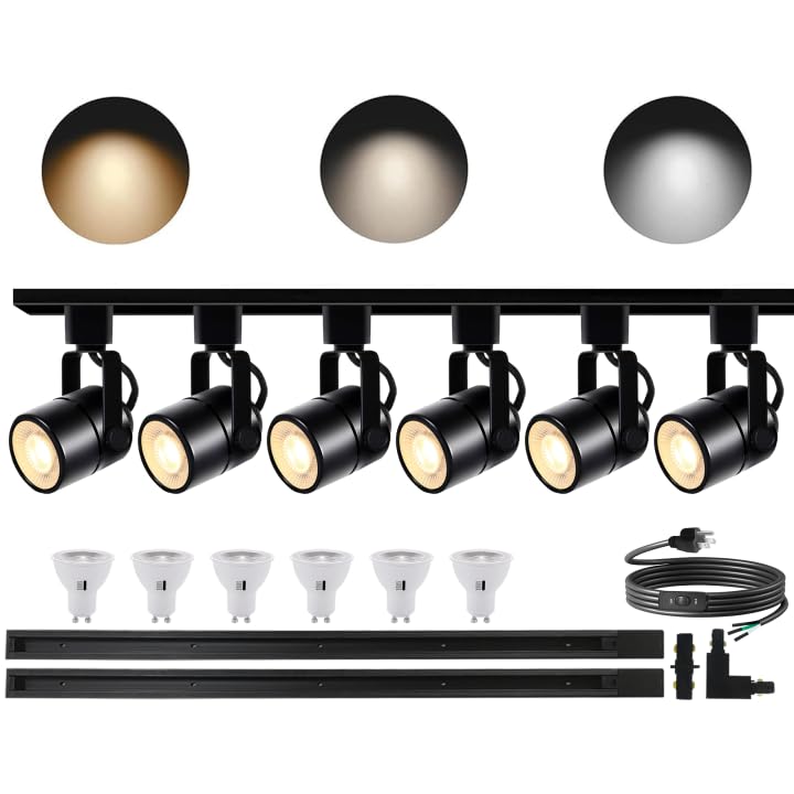 Image of 6 Packs White GU10 Track Lighting Kit 3CCT Adjustable | Dimmable LED Ceiling Spotlight 10W Replaceable Bulbs 6.56FT H-Type Track Rail Complete Lighting System